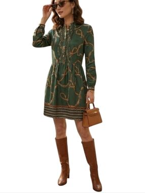 Zara Forest Green Chain-Print Long-Sleeve Dress Size XLarge